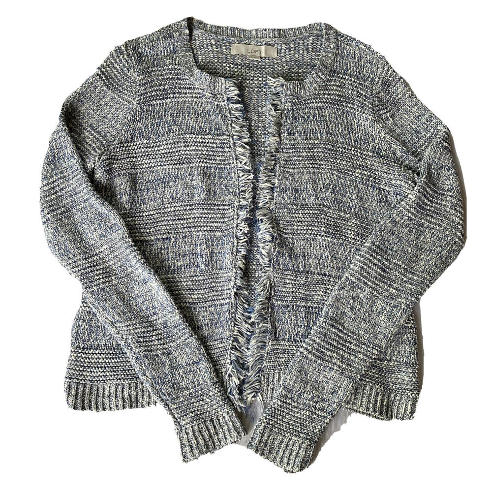 Loft Ann Taylor Sweater Sz S Open Front Fringe Cardigan Blue White Casual Womens